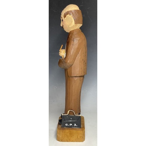 12" Vintage Hand Carved Wooden Statue 'CPA' Businessman Wood Carving Art - Picture 8 of 12